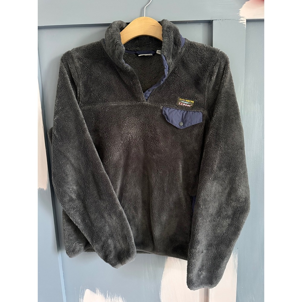 LL Bean Hi-Pile Fleece Pullover Gray Navy Blue Snap Mock Neck Womens Medium